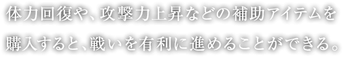 体力回復や、攻撃力上昇などの補助アイテムを購入すると、戦いを有利に進めることができる。