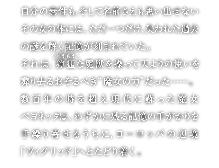 自分の素性も、そして名前さえも思い出せないその女の体には、ただ一つだけ、失われた過去の謎を解く記憶が刻まれていた。それは、獰猛な魔獣を操って天よりの使いを葬り去るおそるべき“魔女の力”だった……。数百年の時を超え現代に蘇った魔女蓓優妮塔 魔兵驚天錄は、わずかに残る記憶の手がかりを手繰り寄せるうちに、ヨーロッパの辺境「ヴィグリッド」へとたどり着く。