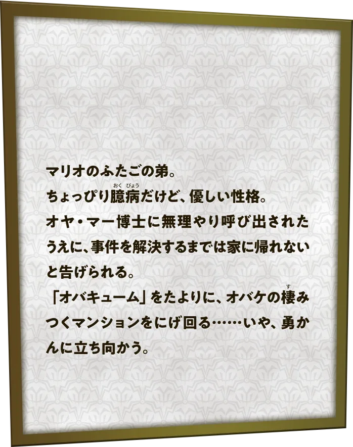 マリオのふたごの弟。ちょっぴり臆病だけど、優しい性格。オヤ・マー博士に無理やり呼び出されたうえに、事件を解決するまでは家に帰れないと告げられる。「オバキューム」をたよりに、オバケの棲みつくマンションをにげ回る・・・•・・いや、勇かんに立ち向かう。